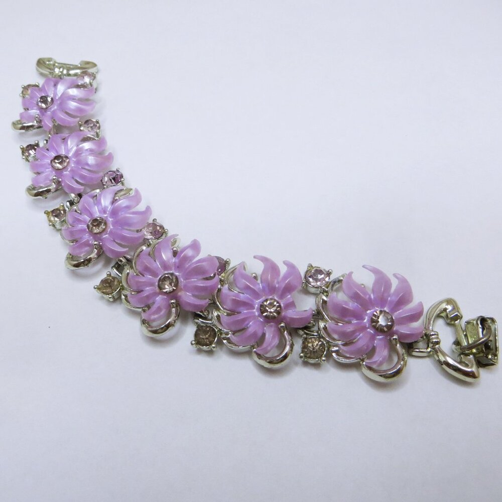 Vintage Purple Floral Rhinestone Accented Bracelet Silver Plated Frame by Starr